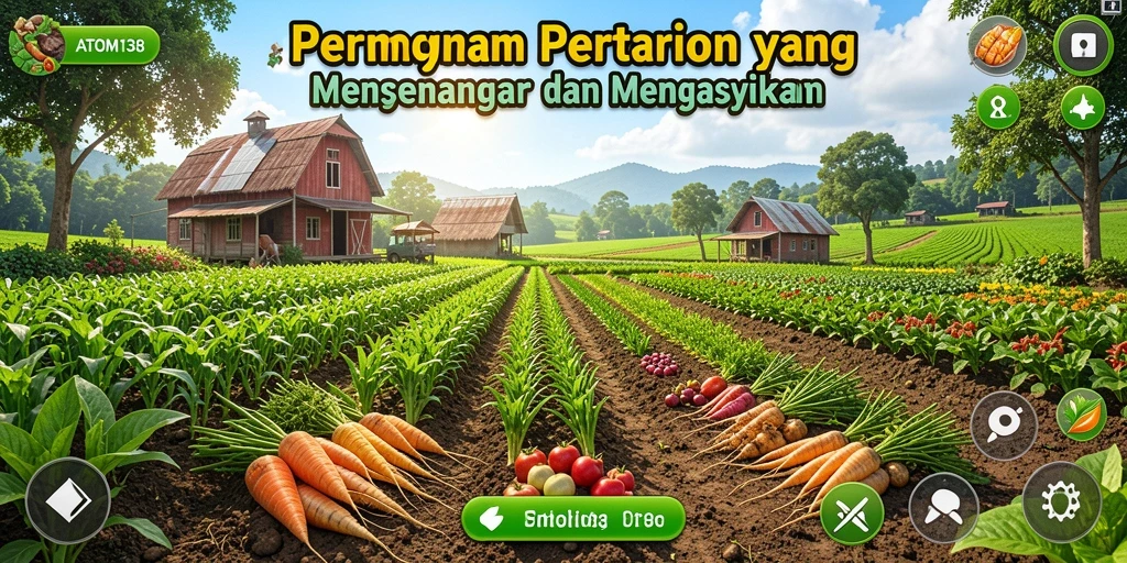 Screenshot gameplay ATOM138 menampilkan lahan pertanian yang subur dan aktivitas bertani.