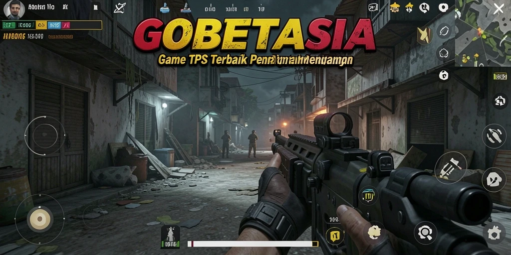 Screenshot menunjukkan aksi seru dalam GOBETASIA dengan karakter berlari dan menembak.