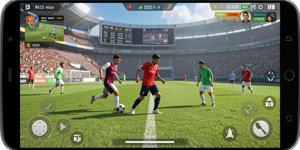 Tangkapan layar RK55 menunjukkan aksi permainan sepak bola yang mendebarkan.