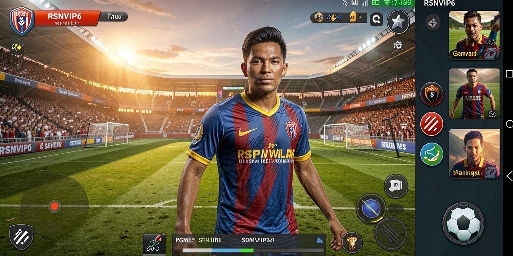 Screenshot gameplay RSNVIP6 menampilkan aksi permainan sepak bola yang mendebarkan.