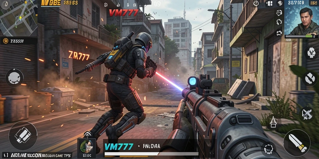 Screenshot utama VM777 dengan aksi gameplay TPS yang intens.